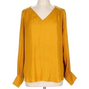 Maison D’Amelie Long Sleeve Satin V-Neck Blouse | Mustard/Gold | Size Small
